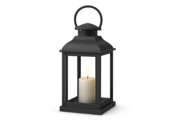 Black metal lantern holding a lit candle on transparent background