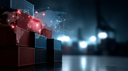 International business logistics with cargo containers and digital world map