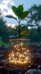 Illuminated eucalyptus branch in a geometric cube, closeup botanical decor with fresh greenery, elegant modern arrangement for home, interior design, table, shelf, calming, peaceful, natural