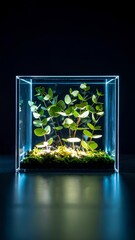 Fresh eucalyptus branches in illuminated cube, modern geometric home decor with natural greenery, botanical arrangement on table or shelf, calming, elegant, minimal, interior design inspiration