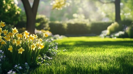 Fototapeta premium Green forest path glowing in morning sunshine with peace high resolution picture