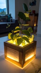 Decorative eucalyptus in glowing cube, closeup of natural greenery arrangement, elegant modern botanical centerpiece for home, table, shelf, peaceful interior design, hygge, scandi, boho style