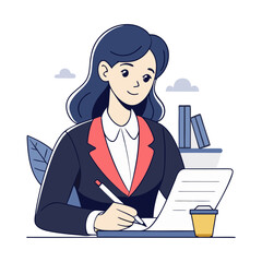 Professional female attorney writing notes on legal document vector illustration, symbolizing law, justice, courtroom practice, office legal consultation artwork