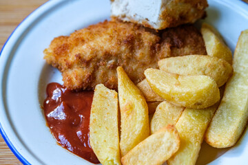 Breaded Chicken Fillets With Chuncy Chips And Tomato Sauce