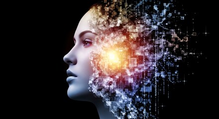 Conceptual digital mind with bright energy and data stream on black background