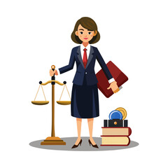Professional female attorney vector illustration holding gavel and law books, symbolizing justice, legal advice, courtroom authority and modern law representation