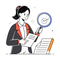 Professional female lawyer carefully reviewing legal contract with magnifying glass vector illustration for law, justice, attorney, legal advice, courtroom, and business