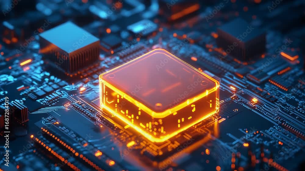 Poster glowing cpu processing data on motherboard, futuristic technology