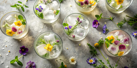 Colorful summer cocktails are prepared in glass cups filled with ice and vibrant edible flowers. They are arranged artistically on a rustic surface, evoking a seasonal atmosphere