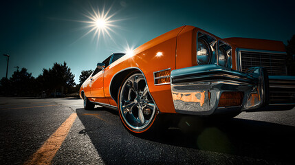 Fototapeta premium Klassischer Oldtimer in Orange unter Sonnenschein auf Parkplatz 