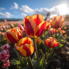Red and yellow tulips blooming in vibrant spring garden