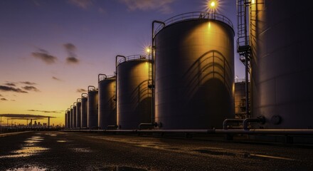 Obraz premium Industrial Storage Tanks Illuminated at Twilight with City Skyline and Wet Ground Reflections