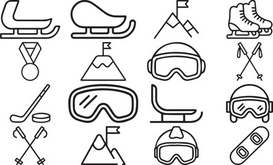 Winter Sports Icon Set Featuring Sleds Skates Ski Gear Snowboards Mountains and Hockey Equipment in Black and White Line Art