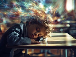 Young student in a school uniform sleeping on desk, streams of colorful energy flowing from his head, symbolizing ADHD, classroom fatigue, burnout, loss of concentration in education