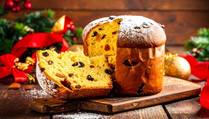 Panettone Sliced on Wooden Board