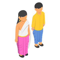 Obraz premium bangladesh couple standing together isometric Concept, Man wearing yellow shirt with blue dhoti and lady wearing sari vector design, World Indigenous Peoples symbol, characters in casual clothes Sign