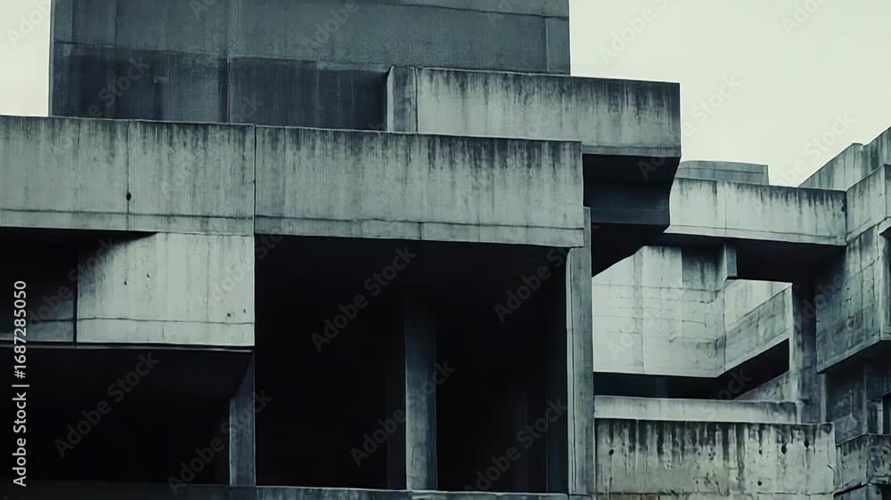 Poster brutalist architecture building showing complex concrete structures and yellow lit windows