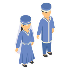 uzbek couple standing togather isometric Concept, Tubeteikas with silk shirt vector design, World Indigenous Peoples symbol, characters in casual clothes Sign, traditional dress stock illustration