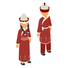 Mongolia nomadic Couple standing isometric Concept, national Asian costume for festival vector design, World Indigenous Peoples symbol, characters in casual clothes Sign, traditional dress stock