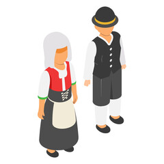 German couple standing together isometric Concept, Lederhosen Bavarian vector design, World Indigenous Peoples symbol, characters in casual clothes Sign, traditional dress stock illustration