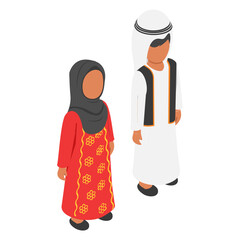 Bahraini Couple Standing together isometric Concept, Women Wearing Abaya and man is the Thawb vector design, World Indigenous Peoples symbol, characters in casual clothes Sign