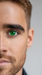 Obraz premium Close-up portrait of a young man with striking green eyes and well-groomed facial hair, showcasing a confident expression and smooth skin, emphasizing unique features and modern style