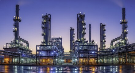 Panoramic twilight view of a vast oil refinery, showcasing towering industrial structures, intricate pipework, and vibrant illumination reflecting on a wet surface under a blue-purple sky.