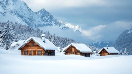 Fototapeta premium Cozy winter village nestled among snow-covered mountains with rustic wooden cottages surrounded by trees during a serene day
