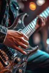 Obraz premium Guitarist performing on stage with electric guitar.