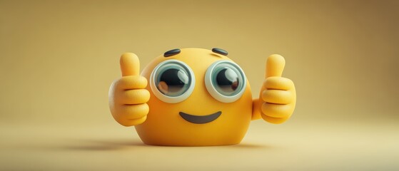 Cute yellow emoji with large expressive eyes giving a double thumbs up gesture and a friendly smile on a neutral background