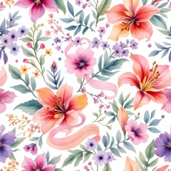 Obraz premium Watercolor floral pattern of hand-painted wildflowers and sprawling leaves tied with a sheer ribbon on a bright white silk background, created for wallpaper and fabric, illuminated with diffused