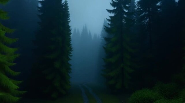 8k misty carpathian spruce forest at night