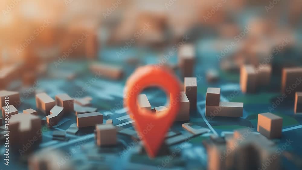 Poster red location pin pointing place on 3d city map navigation