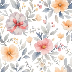 Obraz premium Watercolor floral pattern of hand-painted wildflowers and sprawling leaves tied with a sheer ribbon on a bright white silk background, created for wallpaper and fabric, illuminated with diffused