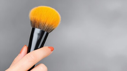 Makeup brush held by a manicured hand with orange nails against a soft gray background, showcasing beauty tools and cosmetics for professional makeup application