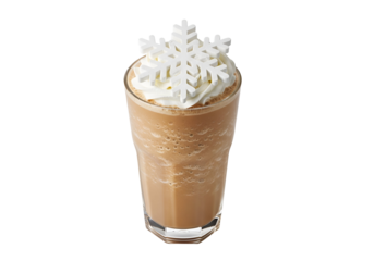 A tall glass of frosty mocha drink, adorned with whipped cream and a decorative snowflake, presents a delightful winter treat.