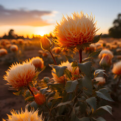 Field of orange and yellow flowers glowing in soft golden hour light