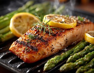 a perfectly grilled salmon fillet with lemon and asparagus on the side, a delicious and healthy meal for your family or friends. the focus is on the face of the fish, captured in high-resolution photo