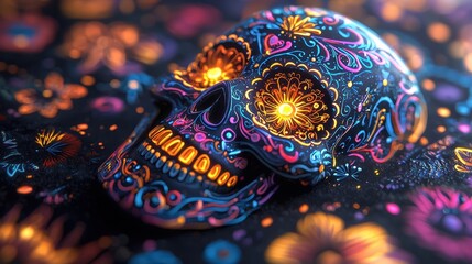 Day of the Dead background. Colorful sugar skull decoration illuminated with vibrant lights creates a festive atmosphere during the Day of the Dead celebration