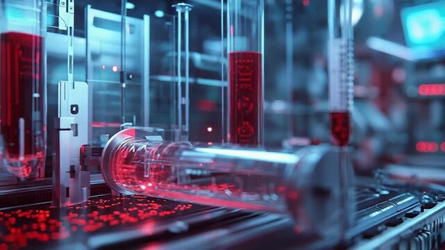 Futuristic laboratory analyzing blood samples with advanced technology