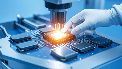 3D render of chip maker close-up with orange flare, clean blue background, and white gloves. Futuristic semiconductor technology, precision manufacturing, and microchip production concept.