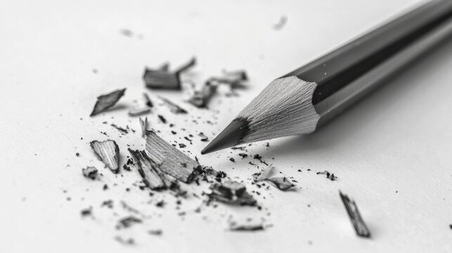 Close-up view of a sharpened pencil surrounded by wood shavings on a clean white background