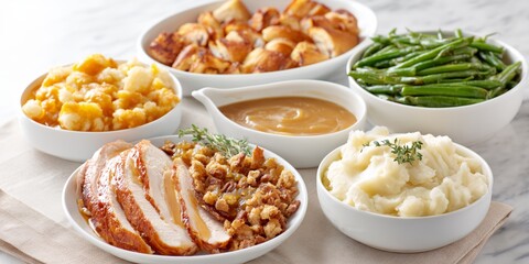 Table with a variety of food, including mashed potatoes, green beans