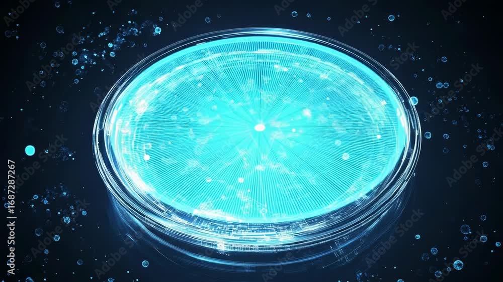 Aufkleber futuristic hud interface showing rotating circular data visualization with glowing particles