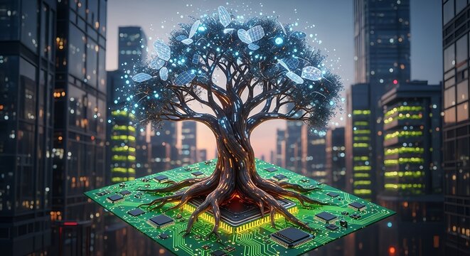 Digital tree growing in the city symbolizes technology, innovation, and growth