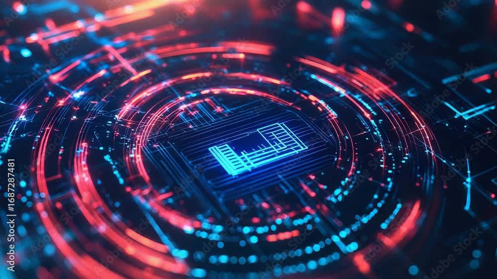 Poster cpu microchip processing data on futuristic circuit board