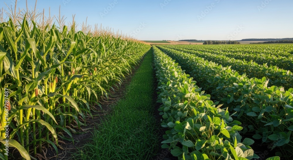 Poster medium shot of maize and soybean fields side by side showcasing diverse crop rotation enhancing soil