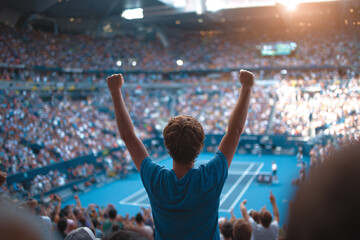 A tennis fan celebrates a winning point in a packed stadium arms raised high cheering with the crowd