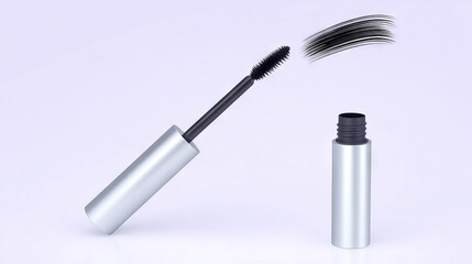 Obraz premium Sleek mascara tube with wand positioned above, showcasing elegant design and glossy finish, ideal for beauty product marketing and cosmetic branding