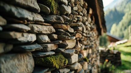 Rustic stone wall blends seamlessly with lush green landscape in a peaceful mountain setting during daylight hours